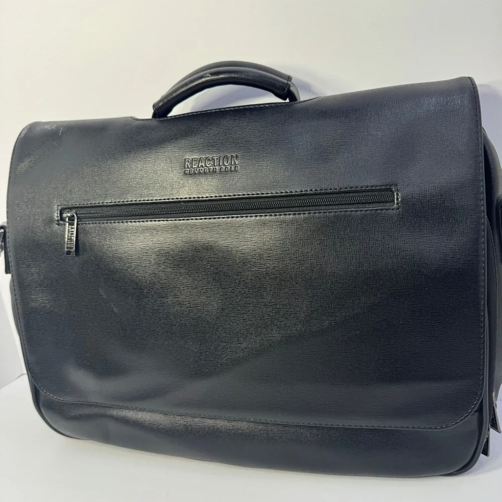 Kenneth Cole Reaction Mens Black Faux Leather Laptop Messenger Bag Briefcase